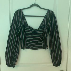 Free People Navy Striped Balloon Sleeve Blouse